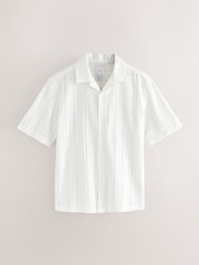 Ecru Cream 100% Cotton Textured Broderie Short Sleeve Shirt - Image 6 of 8