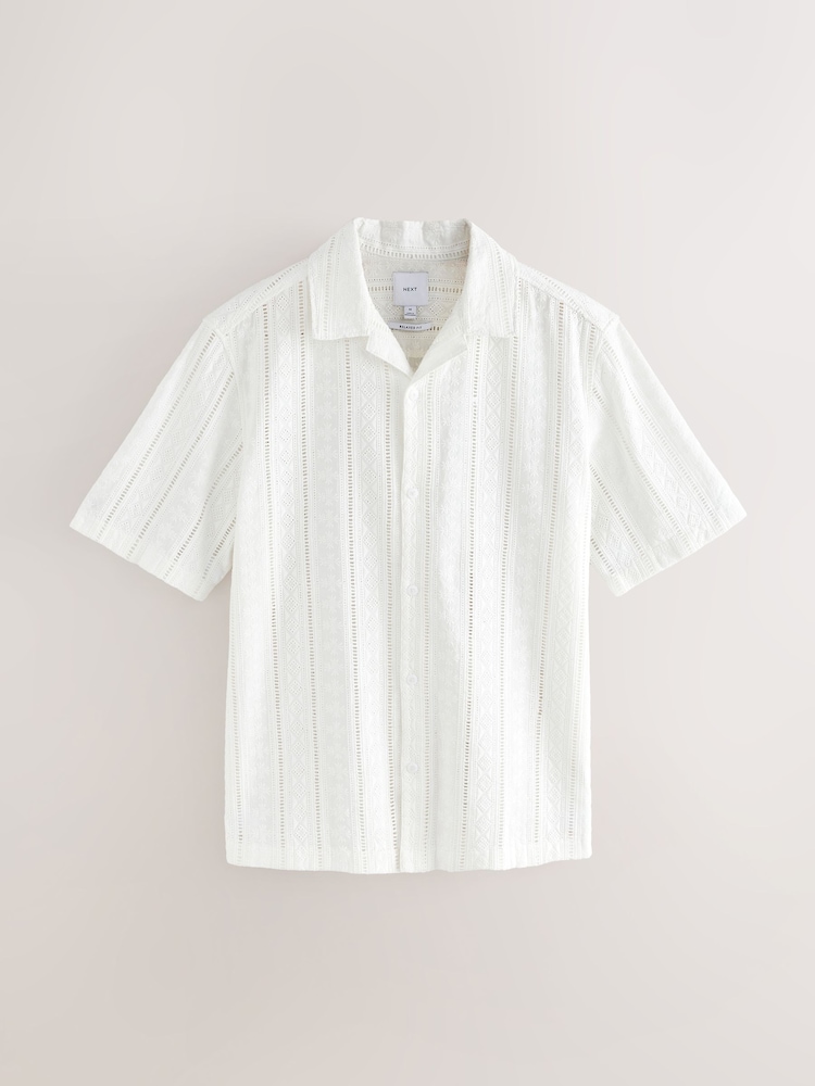 Ecru Cream 100% Cotton Textured Broderie Short Sleeve Shirt - Image 6 of 8