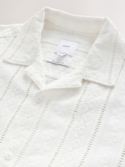 Ecru Cream 100% Cotton Textured Broderie Short Sleeve Shirt - Image 7 of 8