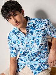 Blue Watercolour Floral Printed Short Sleeve 100% Cotton Shirt - Image 1 of 9