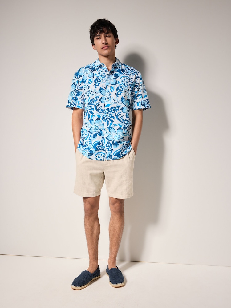 Blue Watercolour Floral Printed Short Sleeve 100% Cotton Shirt - Image 2 of 9