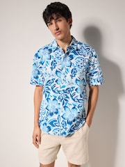 Blue Watercolour Floral Printed Short Sleeve 100% Cotton Shirt - Image 3 of 9