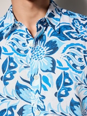 Blue Watercolour Floral Printed Short Sleeve 100% Cotton Shirt - Image 6 of 9