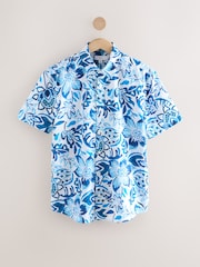 Blue Watercolour Floral Printed Short Sleeve 100% Cotton Shirt - Image 7 of 9