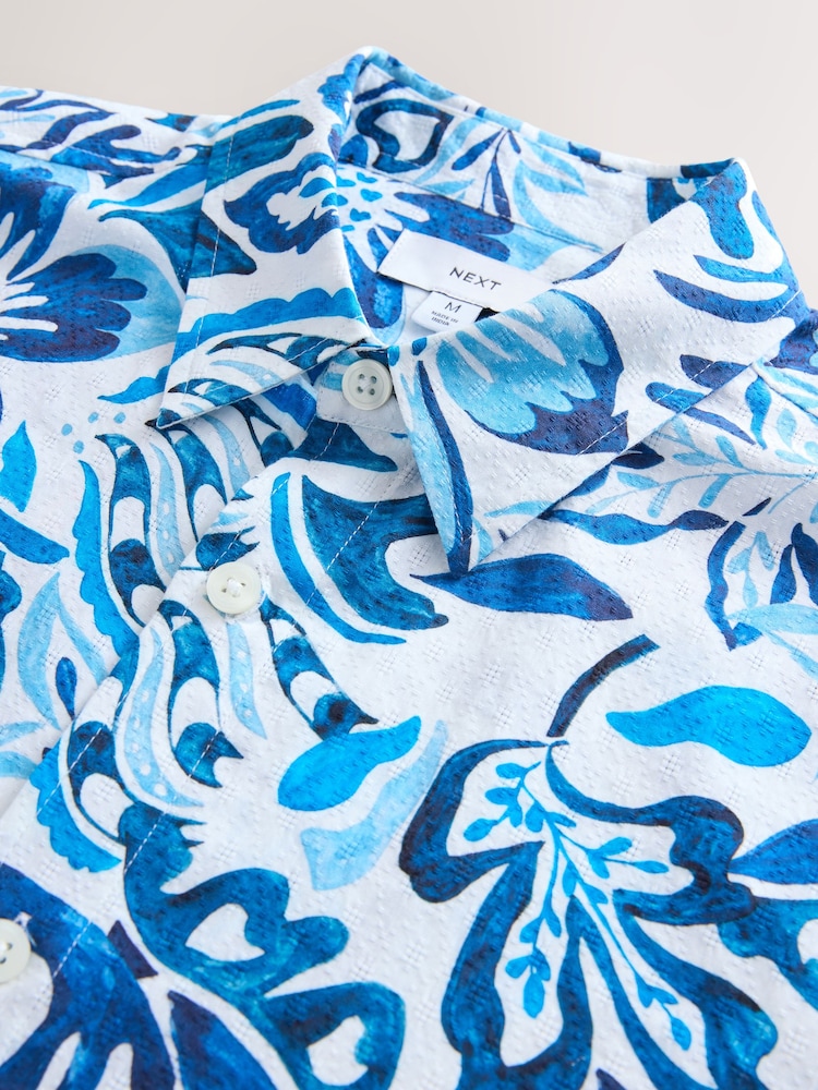 Blue Watercolour Floral Printed Short Sleeve 100% Cotton Shirt - Image 9 of 9