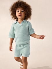 Mineral Blue 100% Cotton Textured Trophy Neck Knitted Polo Shirt and Shorts Set (3mths-10yrs) - Image 1 of 9