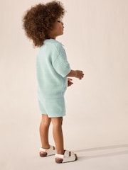 Mineral Blue 100% Cotton Textured Trophy Neck Knitted Polo Shirt and Shorts Set (3mths-10yrs) - Image 2 of 9