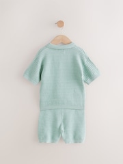 Mineral Blue 100% Cotton Textured Trophy Neck Knitted Polo Shirt and Shorts Set (3mths-10yrs) - Image 7 of 9