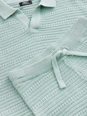 Mineral Blue 100% Cotton Textured Trophy Neck Knitted Polo Shirt and Shorts Set (3mths-10yrs) - Image 9 of 9