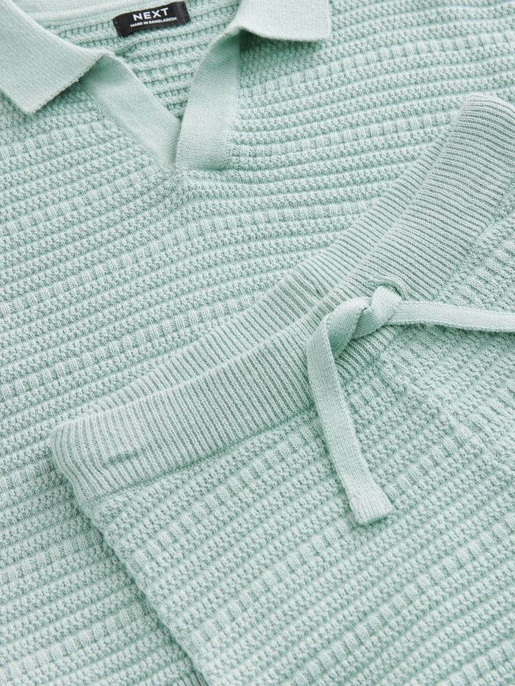 Mineral Blue 100% Cotton Textured Trophy Neck Knitted Polo Shirt and Shorts Set (3mths-10yrs) - Image 9 of 9