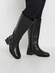 Yours Curve Black Extra Wide Fit Harness Detail Knee High Boots - Image 1 of 5