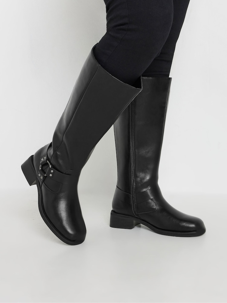 Yours Curve Black Extra Wide Fit Harness Detail Knee High Boots - Image 1 of 5