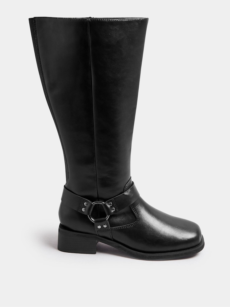 Yours Curve Black Extra Wide Fit Harness Detail Knee High Boots - Image 2 of 5