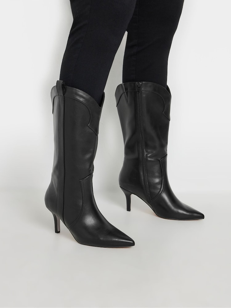 Yours Curve Black Extra Wide Fit Heeled Calf Western Boots - Image 1 of 5
