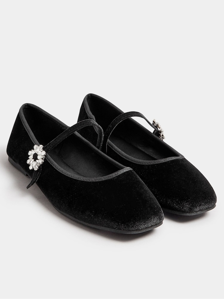 Yours Curve Black Extra Wide Fit Diamante Clasp Velvet Mary Jane Shoes - Image 2 of 5