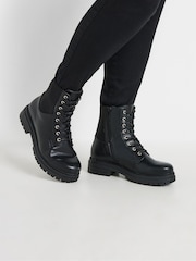 Yours Curve Black Extra Wide Fit Extra Wide Fit Panel Lace Up Chunky Boots - Image 1 of 5