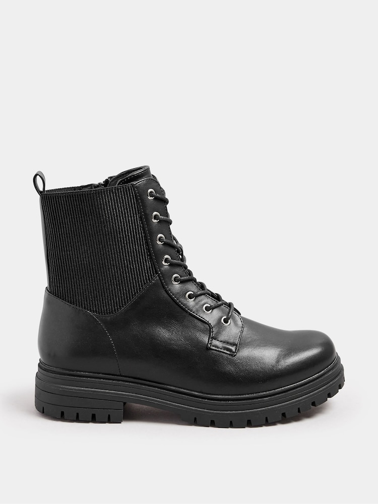 Yours Curve Black Extra Wide Fit Extra Wide Fit Panel Lace Up Chunky Boots - Image 2 of 5