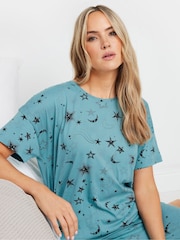 Long Tall Sally Blue 100% Cotton Cosmic Short Sleeve Wide Leg Pyjamas Set - Image 4 of 5