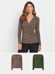 Long Tall Sally Green/Brown Cotton Long Sleeve Wrap Top 2 Pack - Image 1 of 8