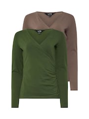Long Tall Sally Green/Brown Cotton Long Sleeve Wrap Top 2 Pack - Image 6 of 8