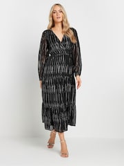 Long Tall Sally Black Jacquard Long Sleeve Dress - Image 2 of 7