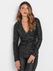 Long Tall Sally Black Sequin Wrap Top - Image 1 of 5