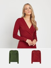 Long Tall Sally Red Cotton Long Sleeve Wrap Top 2 Pack - Image 1 of 8
