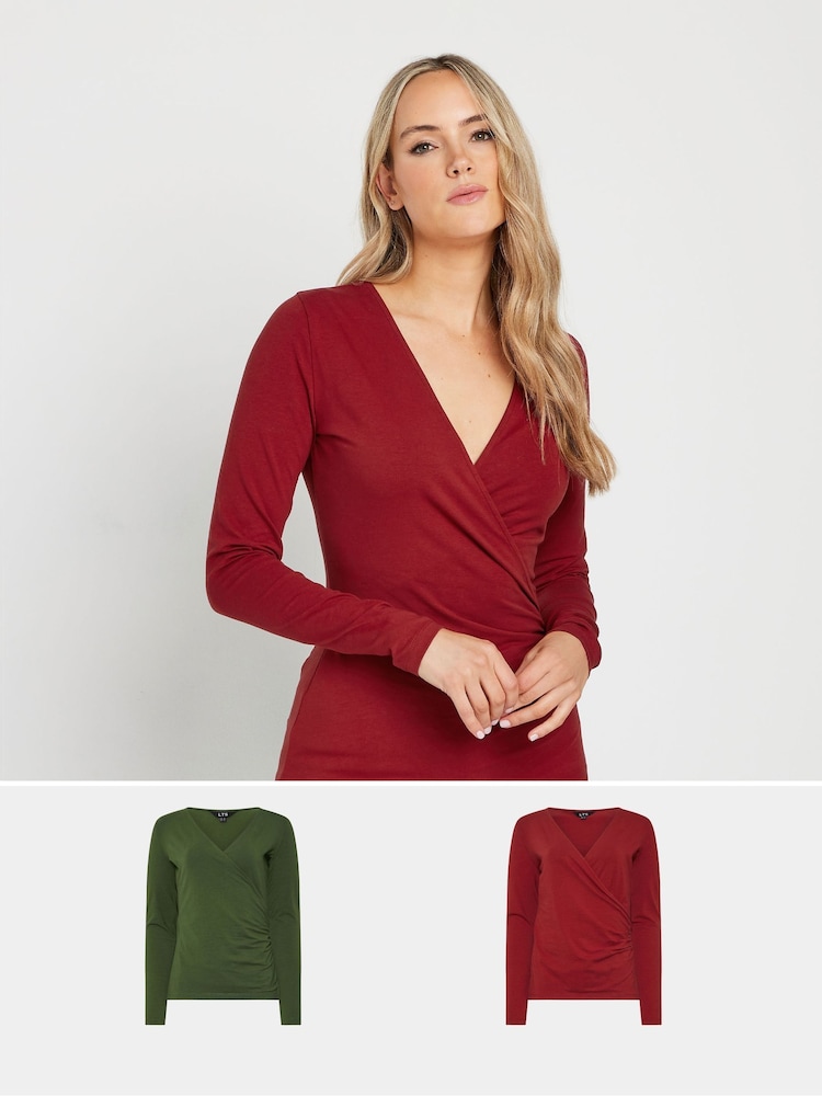 Long Tall Sally Red Cotton Long Sleeve Wrap Top 2 Pack - Image 1 of 8