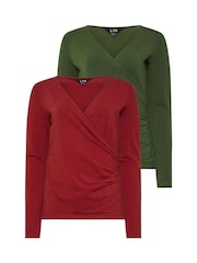 Long Tall Sally Red Cotton Long Sleeve Wrap Top 2 Pack - Image 6 of 8
