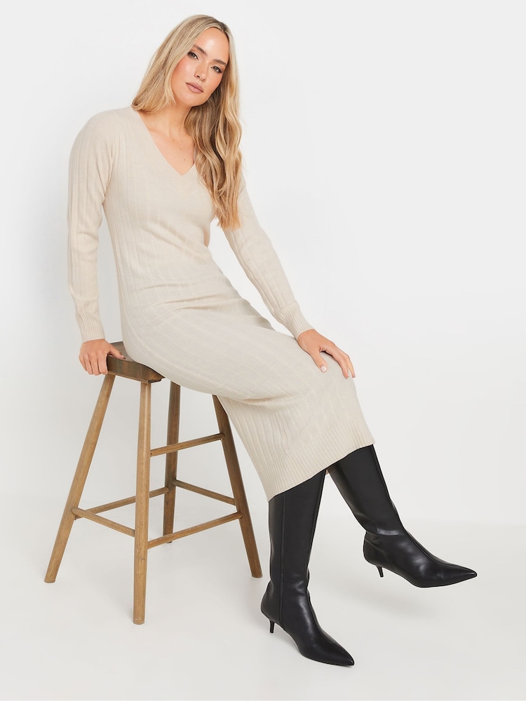 Long Tall Sally Cream Premium V-Neck Ribbed Dress - Image 1 of 5