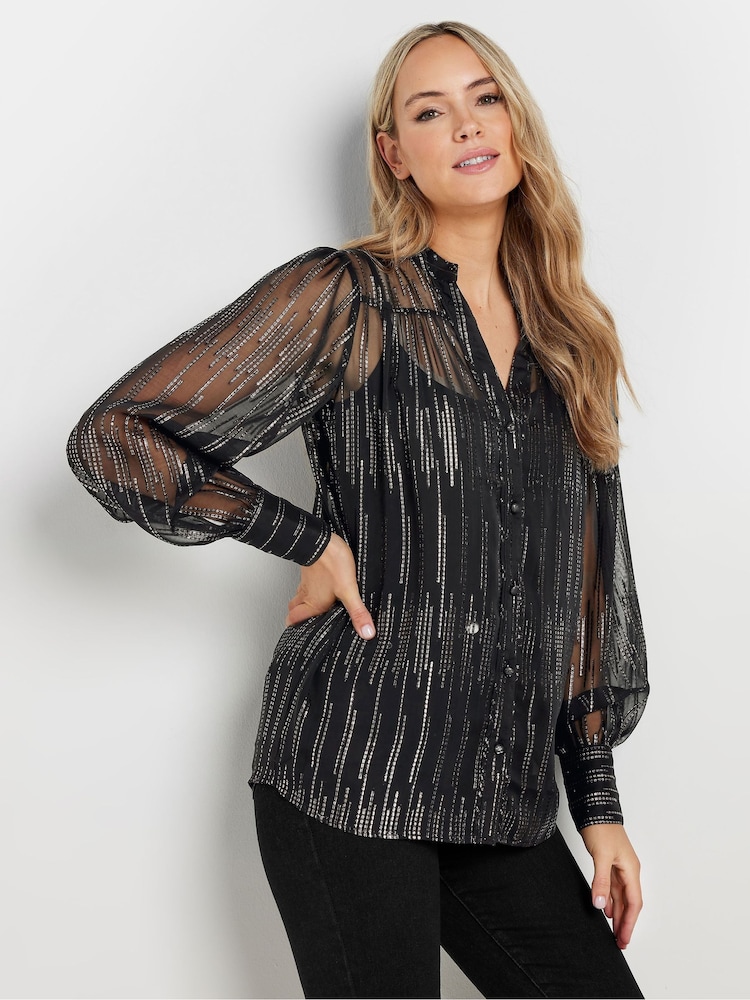 Long Tall Sally Black Jacquard Metallic Button Through Blouse - Image 1 of 6