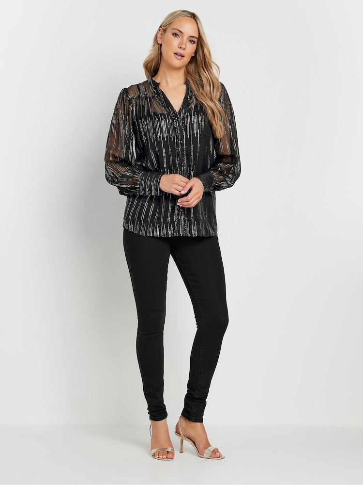Long Tall Sally Black Jacquard Metallic Button Through Blouse - Image 2 of 6