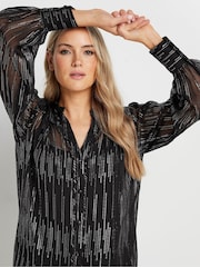 Long Tall Sally Black Jacquard Metallic Button Through Blouse - Image 4 of 6