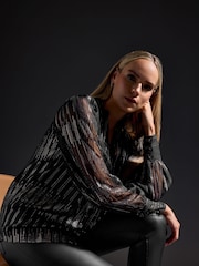 Long Tall Sally Black Jacquard Metallic Button Through Blouse - Image 5 of 6
