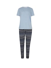Long Tall Sally Blue Fairisle Pattern Short Sleeve 100% Cotton Cuffed Pyjamas Set - Image 5 of 5