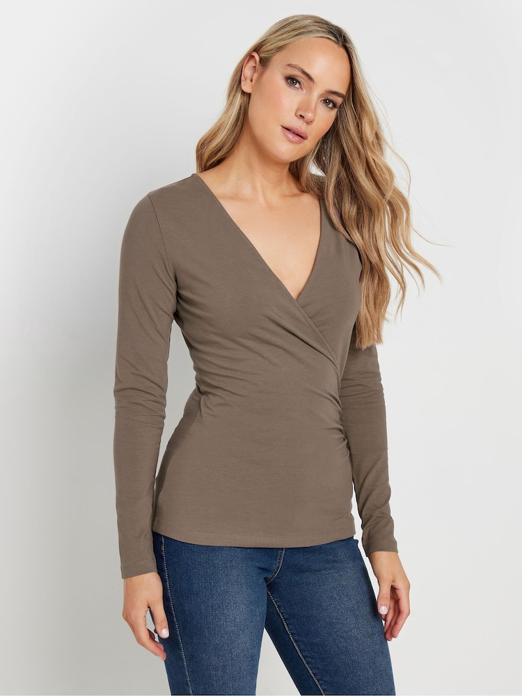 Long Tall Sally Brown Long Sleeve Cotton Wrap Top - Image 1 of 5 Long Tall Sally Brown Long Sleeve Cotton Wrap Top - Image 1 of 5
