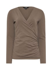 Long Tall Sally Brown Long Sleeve Cotton Wrap Top - Image 5 of 5