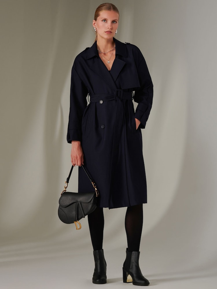 Jolie Moi Blue Belted Longline Trench Coat - Image 1 of 7