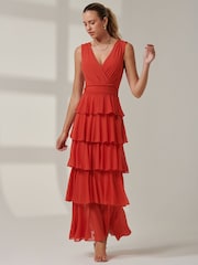 Jolie Moi Orange Plain Tiered Mesh Maxi Dress - Image 4 of 6