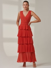 Jolie Moi Orange Plain Tiered Mesh Maxi Dress - Image 6 of 6