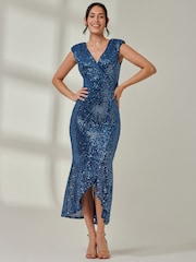 Jolie Moi Blue Sequin Fishtail Maxi Dress - Image 4 of 6