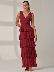 Jolie Moi Red Plain Tiered Mesh Maxi Dress - Image 1 of 6