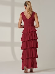 Jolie Moi Red Plain Tiered Mesh Maxi Dress - Image 2 of 6