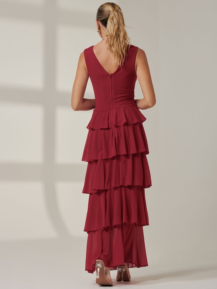 Jolie Moi Red Plain Tiered Mesh Maxi Dress - Image 2 of 6