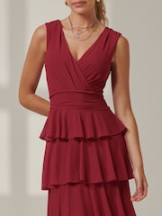Jolie Moi Red Plain Tiered Mesh Maxi Dress - Image 3 of 6