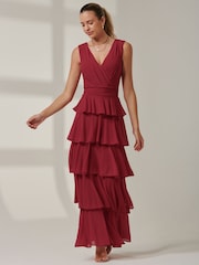 Jolie Moi Red Plain Tiered Mesh Maxi Dress - Image 4 of 6