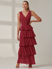 Jolie Moi Red Plain Tiered Mesh Maxi Dress - Image 5 of 6