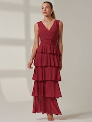 Jolie Moi Red Plain Tiered Mesh Maxi Dress - Image 6 of 6