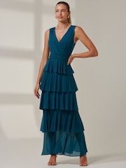 Jolie Moi Mid Blue Plain Tiered Mesh Maxi Dress - Image 1 of 6