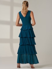 Jolie Moi Mid Blue Plain Tiered Mesh Maxi Dress - Image 2 of 6